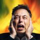 Elon Musk Brazil Mad - A person in a suit covering their ears and grimacing, with a vibrant, colorful background reminiscent of Brazil.