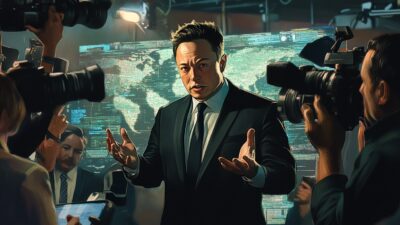 Elon Musk in a suit stands surrounded by photographers and reporters, gesturing with his hands as he speaks about the possibility of buying MSNBC. A world map is displayed in the background.