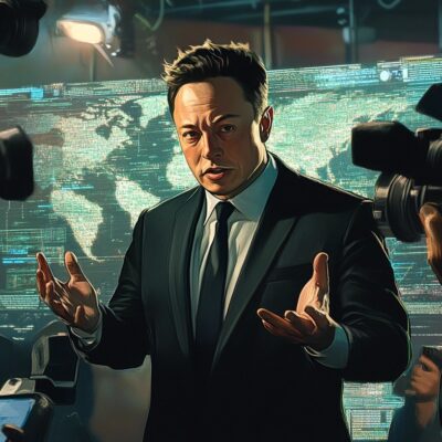 Elon Musk In A Suit Stands Surrounded By Photographers And Reporters, Gesturing With His Hands As He Speaks About The Possibility Of Buying Msnbc. A World Map Is Displayed In The Background.