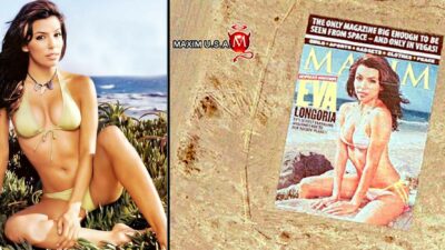 Eva Longoria on the cover of a giant 75×110-foot billboard version of Maxim Magazine's 100th issue laying somewhere in the Nevada desert