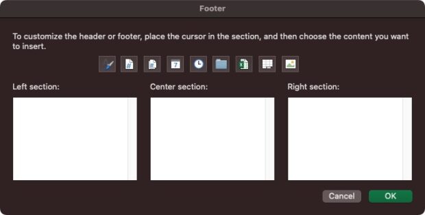 Excel Footer Sections