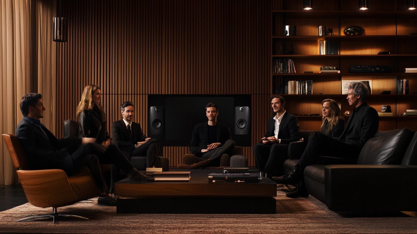 Seven People In Formal Attire Sit In A Modern, Wood-Paneled Room With Bookshelves And A Large Screen, Discussing The Latest Sonos App Update.