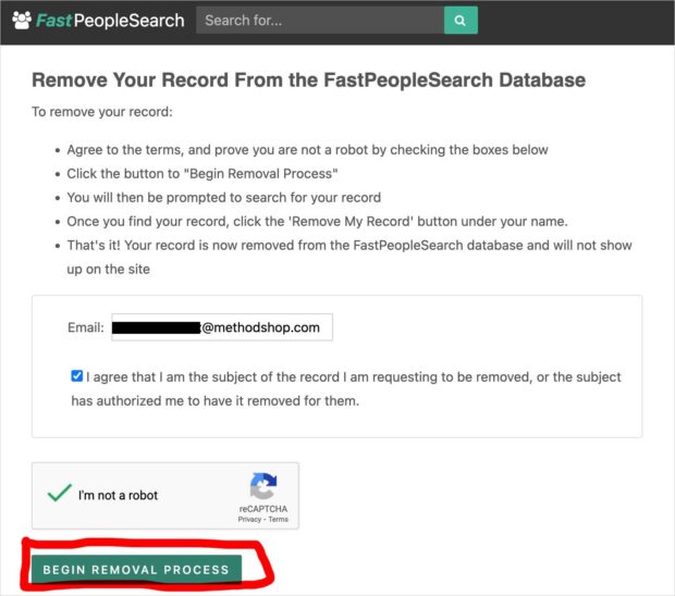 Screenshot Of The Fastpeoplesearch Removal Page