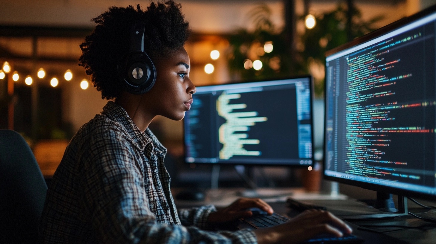 A Person Wearing Headphones Is Focused On Learning To Code At A Computer, With Two Monitors Displaying Code In A Dimly Lit Office Space, Reminiscent Of The Nvidia Ceo'S Intense Work Environment.