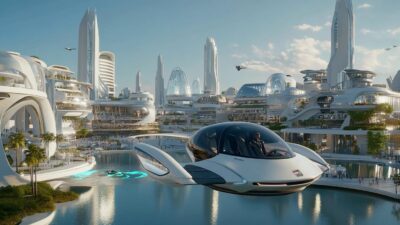 Flying Cars - A futuristic cityscape features sleek, white buildings with air taxis smoothly hovering over a waterway under a clear blue sky.