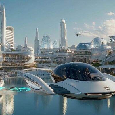 Flying Cars - A Futuristic Cityscape Features Sleek, White Buildings With Air Taxis Smoothly Hovering Over A Waterway Under A Clear Blue Sky.