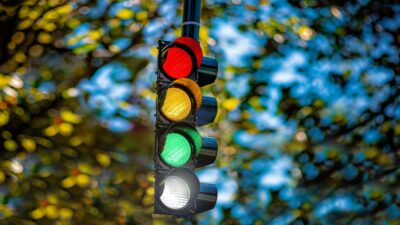 Four-Color Traffic Lights - A Traffic Light Shows Red, Yellow, Green, And White Lights Illuminated Against A Blurred Background Of Leafy Trees.