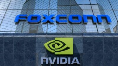 Foxconn and Nvidia logos in front of a building, showcasing their collaboration in EV manufacturing.