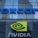 Foxconn and Nvidia logos in front of a building, showcasing their collaboration in EV manufacturing.