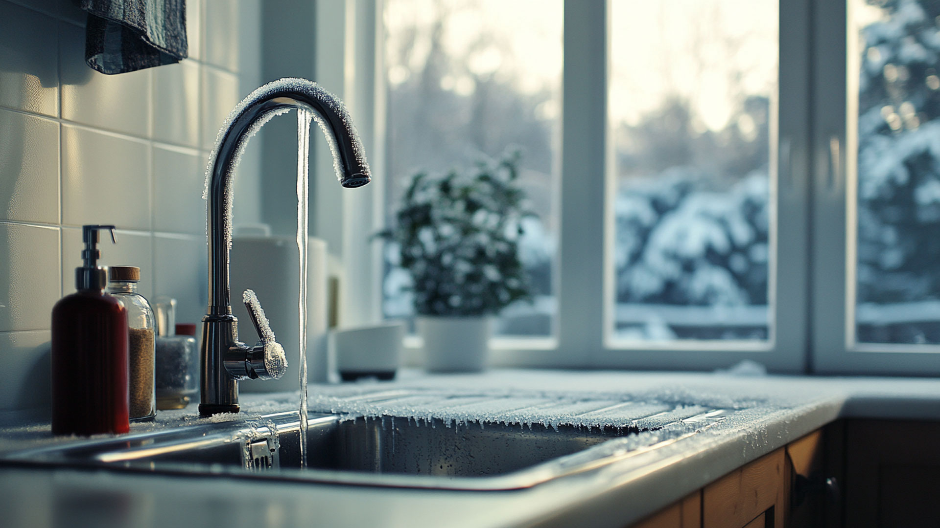 Water Runs From The Faucet Of The Kitchen Sink, Surrounded By Bottles Of Soap On The Left And A Potted Plant In The Background. The Window Reveals A Snowy Outdoor Scene, Reminding You To Protect Your Home This Winter From Frozen Pipes.