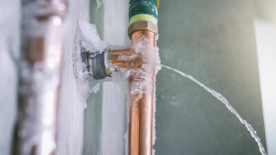 A Frozen Copper Pipe Has Burst, Spraying Water Horizontally Due To The Buildup Of Ice Inside. This Highlights The Importance Of Winter Safety And Home Protection Measures To Prevent Such Incidents.