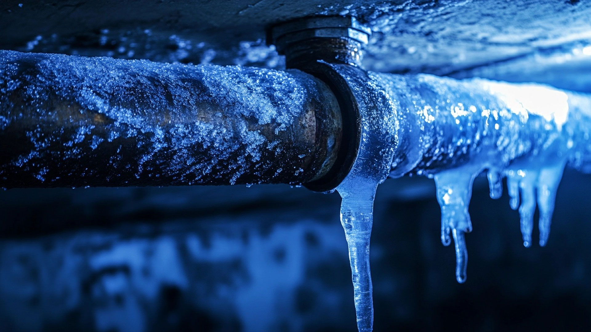 A Frozen Metal Pipe Covered In Frost With Icicles Hanging From It Glistens Under Blue Light, Evoking The Chill Of Winter.