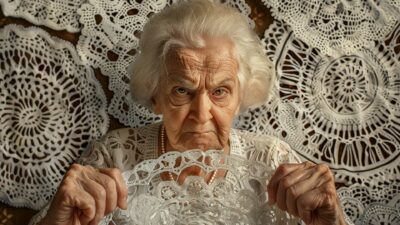 Elderly Woman With White Hair Holding Up A Piece Of Crocheted Lace, Set Against A Backdrop Of Intricate Lace Patterns. She Has A Serious Expression, Perhaps Contemplating The Next Doily Pun She'Ll Share.