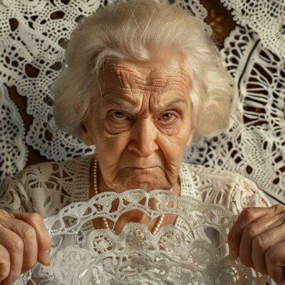 Elderly Woman With White Hair Holding Up A Piece Of Crocheted Lace, Set Against A Backdrop Of Intricate Lace Patterns. She Has A Serious Expression, Perhaps Contemplating The Next Doily Pun She'Ll Share.