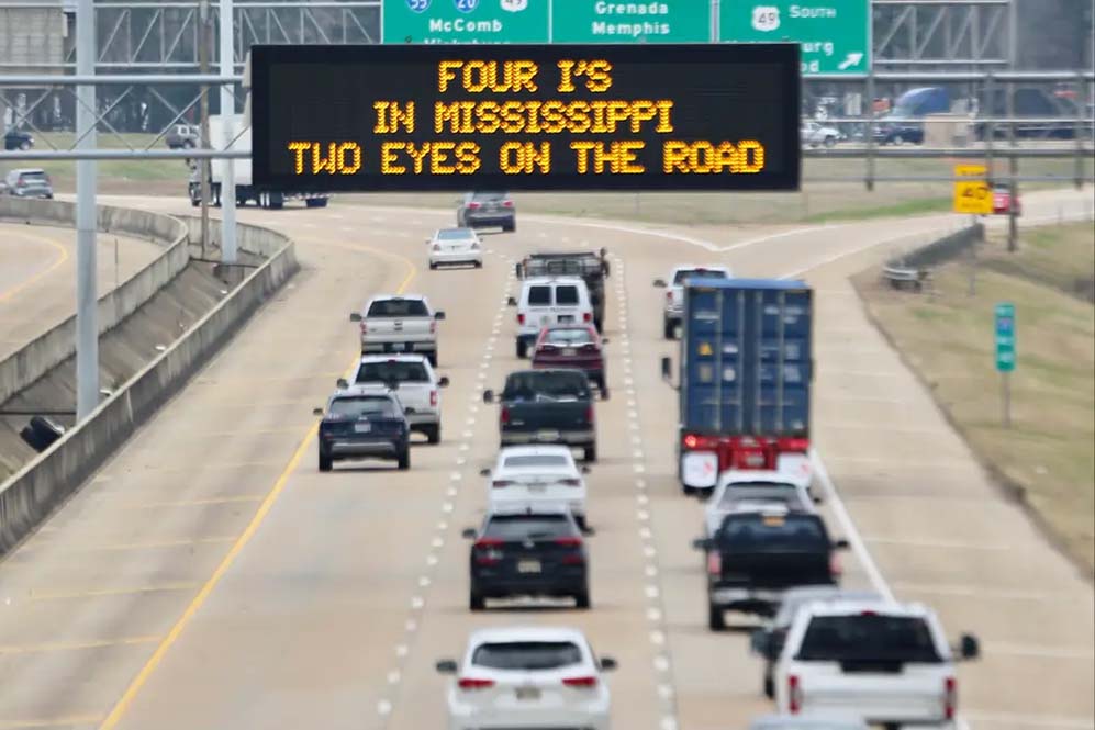 Four'S In Mississippi, Two Eyes On The Road Sign With Funny Highway Signs.
