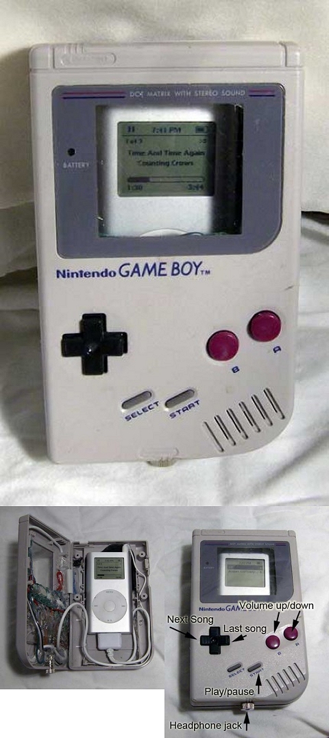 A Modified Gameboy With An Integrated Ipod Classic. The Display Shows A Music Track. Close-Up Images Reveal Internal Components, Control Functions, And Headphone Jack Housed In The Unique Gameboy-Ipod Case.