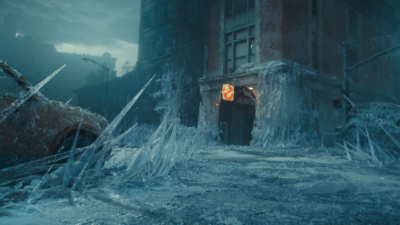 A frozen Ghostbusters headquarters from the Ghostbusters Frozen Empire trailer