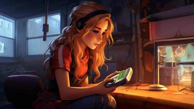 Stylized Artstation Image Of Girl Playing An Original Game Boy