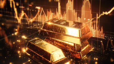 Stacks of gold bars are placed in the foreground with financial graphs and data charts displaying a record high in the background.