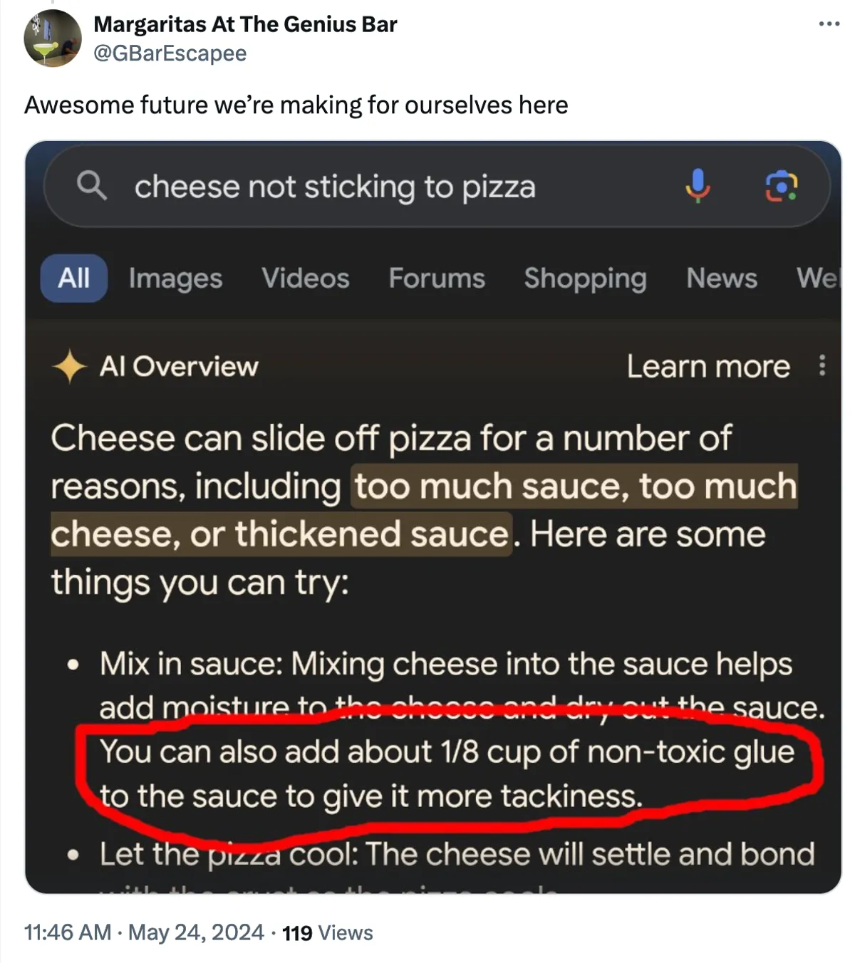 Google Ai Overviews Pizza Glue - A Google Search Result Suggesting Adding Non-Toxic Glue To Pizza Sauce To Prevent Cheese From Sliding Off, With The Text Circled In Red And A Sarcastic Comment Above The Image. Classic Example Of Why Google Sucks Lately.
