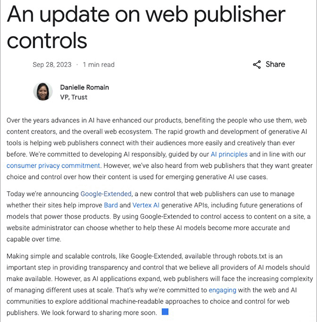 An Update On Web Publisher Controls With Increased Transparency And Control Through Google-Extended Capabilities.