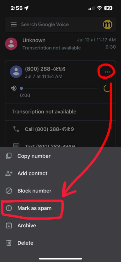 Screenshot Showing Reporting A Spam Text Message Or Phone Call In Google Voice Is Very Easy.