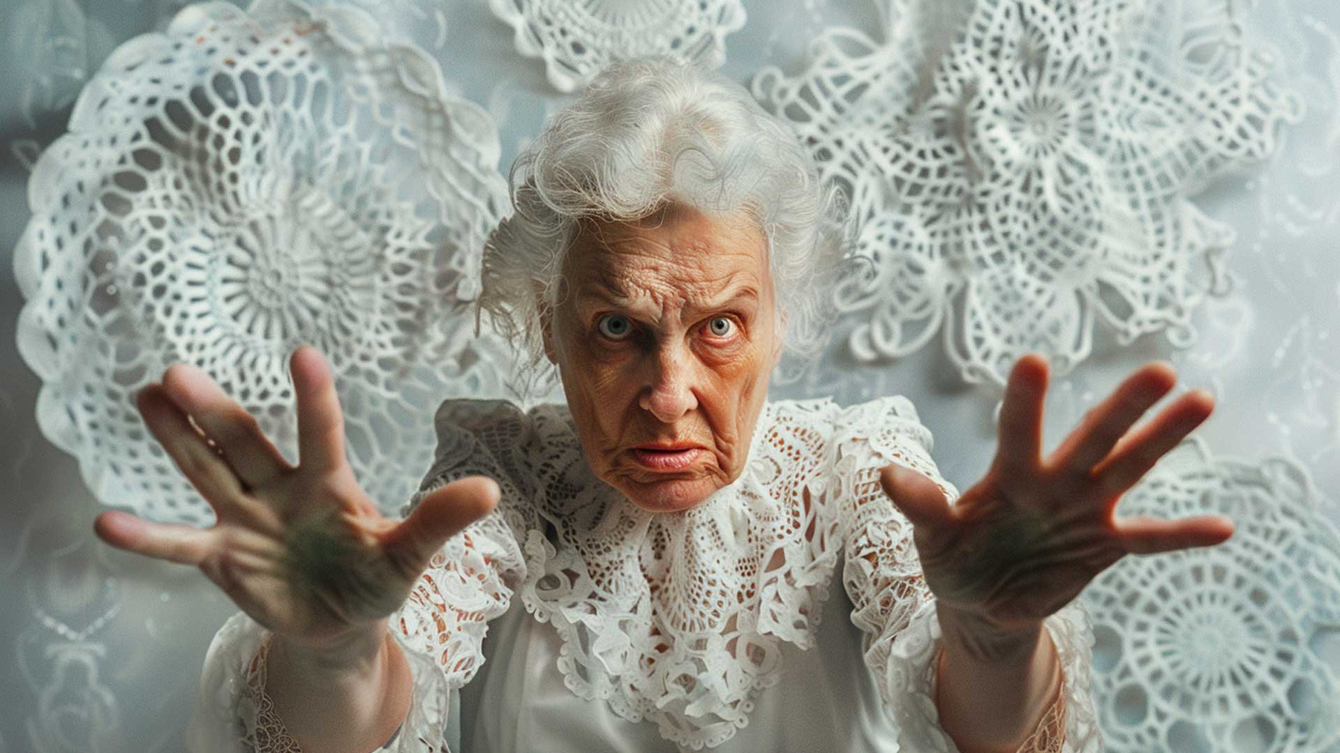 Angry Grandma Hates Funny Doily Jokes - Elderly Woman With White Hair And A Lace Collar Extends Her Hands Forward, With A Serious Expression, Against A Backdrop Of White Lace Doilies—Perhaps Brewing Some Craft Humor Or Plotting A Delicate Lace Pun.