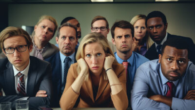 A group of frustrated business people stressed about decision-making methodologies in a conference room.