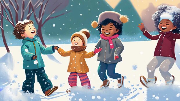 Painting Of Happy Kids Playing In The Snow Enjoying Winter Holidays From Around The World