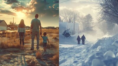 Split image: Left side shows a family walking through a sunny, grassy field with the sun setting. Right side depicts two people braving through a heavily snow-covered street on an extreme cold, wintry day.