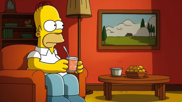 Homer Simpson From The Cartoon Tv Show, The Simpsons, Sitting On A Couch And Thinking About The Best Simpsons Guest Stars Of All-Time.