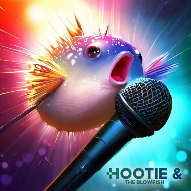 A Blowfish Singing Into A Microphone With A Hootie &Amp; The Blowfish Logo