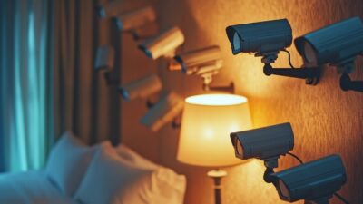 A Hotel Room Featuring Multiple Security Cameras Mounted On The Walls, Beside A Lit Lamp And A Bed With White Pillows, Ensures Peace Of Mind For Guests. This Setup Resembles The Discreet Yet Secure Atmosphere Often Found In An Airbnb Accommodation.