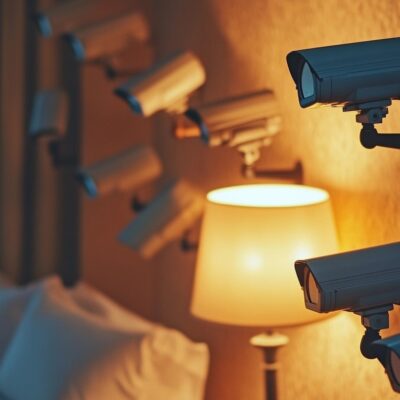 A Hotel Room Featuring Multiple Security Cameras Mounted On The Walls, Beside A Lit Lamp And A Bed With White Pillows, Ensures Peace Of Mind For Guests. This Setup Resembles The Discreet Yet Secure Atmosphere Often Found In An Airbnb Accommodation.