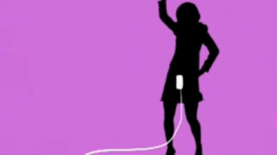 Silhouette of a dancing person with an iPod and white earbuds set against a purple background, capturing the cultural impact of technology in reshaping our music experience.