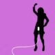 Silhouette of a dancing person with an iPod and white earbuds set against a purple background, capturing the cultural impact of technology in reshaping our music experience.