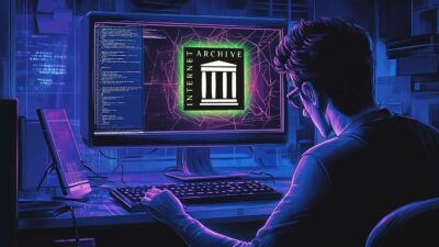 A Person Types At A Computer Displaying The Internet Archive Logo On The Screen, Surrounded By Digital Code And A Glowing Network Design, As They Ensure Operations Run Smoothly Amidst Potential Cyberattacks.