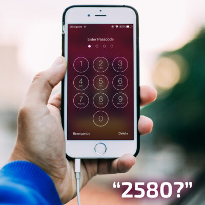 A Hand Holds An Iphone With A Passcode Screen Visible, Showing The Numbers 1 Through 9 And 0 In Circular Buttons. The Text &Quot;2580?&Quot; Is Displayed In White Near The Bottom Right Of The Image, Indicating One Of The Most Popular Pins That Are Often Exposed In Data Breaches.