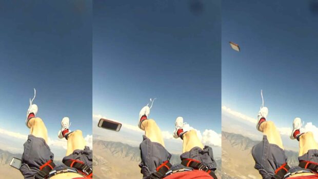 A Skydiver Drops Their Iphone While Jumping From An Airplane.
