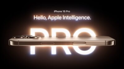 Image of an iPhone 16 Pro with text "Hello, Apple Intelligence." The device is displayed in a side view with focus on its slim design and camera lenses.