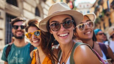 A group of four people wearing sunglasses and summer attire, smiling and posing for a photo while enjoying a sunny day in a city with historic architecture. They're laughing and practicing useful Italian phrases, making their trip even more memorable.