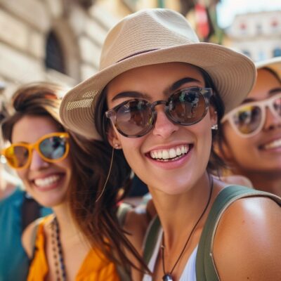 A Group Of Four People Wearing Sunglasses And Summer Attire, Smiling And Posing For A Photo While Enjoying A Sunny Day In A City With Historic Architecture. They'Re Laughing And Practicing Useful Italian Phrases, Making Their Trip Even More Memorable.