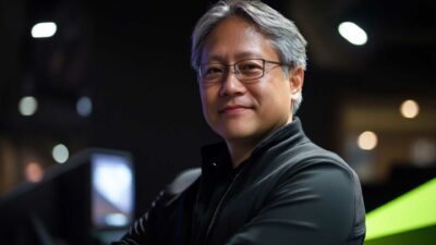 Jensen Huang, the ceo from nvidia - In a dimly lit setting, a person with glasses and gray hair stands confidently, donning a black jacket. The atmosphere hums with innovation, reminiscent of CES 2025.