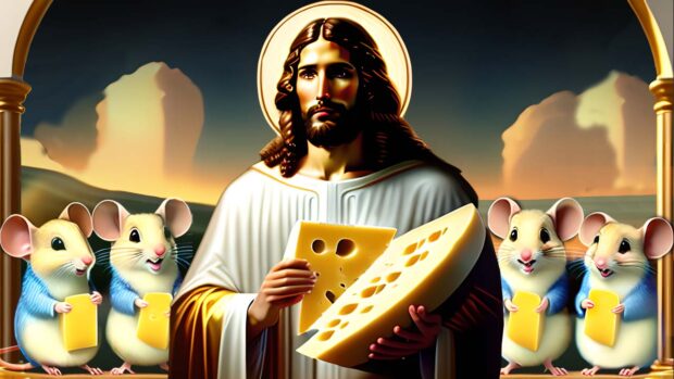 Jesus Jokes - Jesus Cheese -  A Group Of Mice Praying To A Cheese Jesus, Christian Comedic, God The Creator, God The Creator, Funny,
