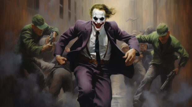 A Painting Of The Joker Running Through A City Illustrating The Line &Quot;And The Joker Got Away&Quot;.