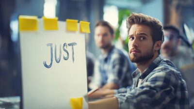 A bearded man from the software team sits at his desk, gazing at the camera. In the foreground, a whiteboard displays the word "JUST" in blue, perhaps hinting at a subtle sabotage or a 'Just' trap in their latest project discussion.