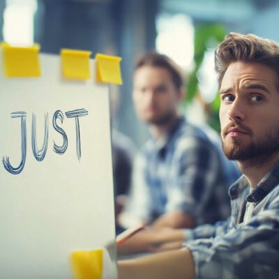 A Bearded Man From The Software Team Sits At His Desk, Gazing At The Camera. In The Foreground, A Whiteboard Displays The Word &Quot;Just&Quot; In Blue, Perhaps Hinting At A Subtle Sabotage Or A 'Just' Trap In Their Latest Project Discussion.