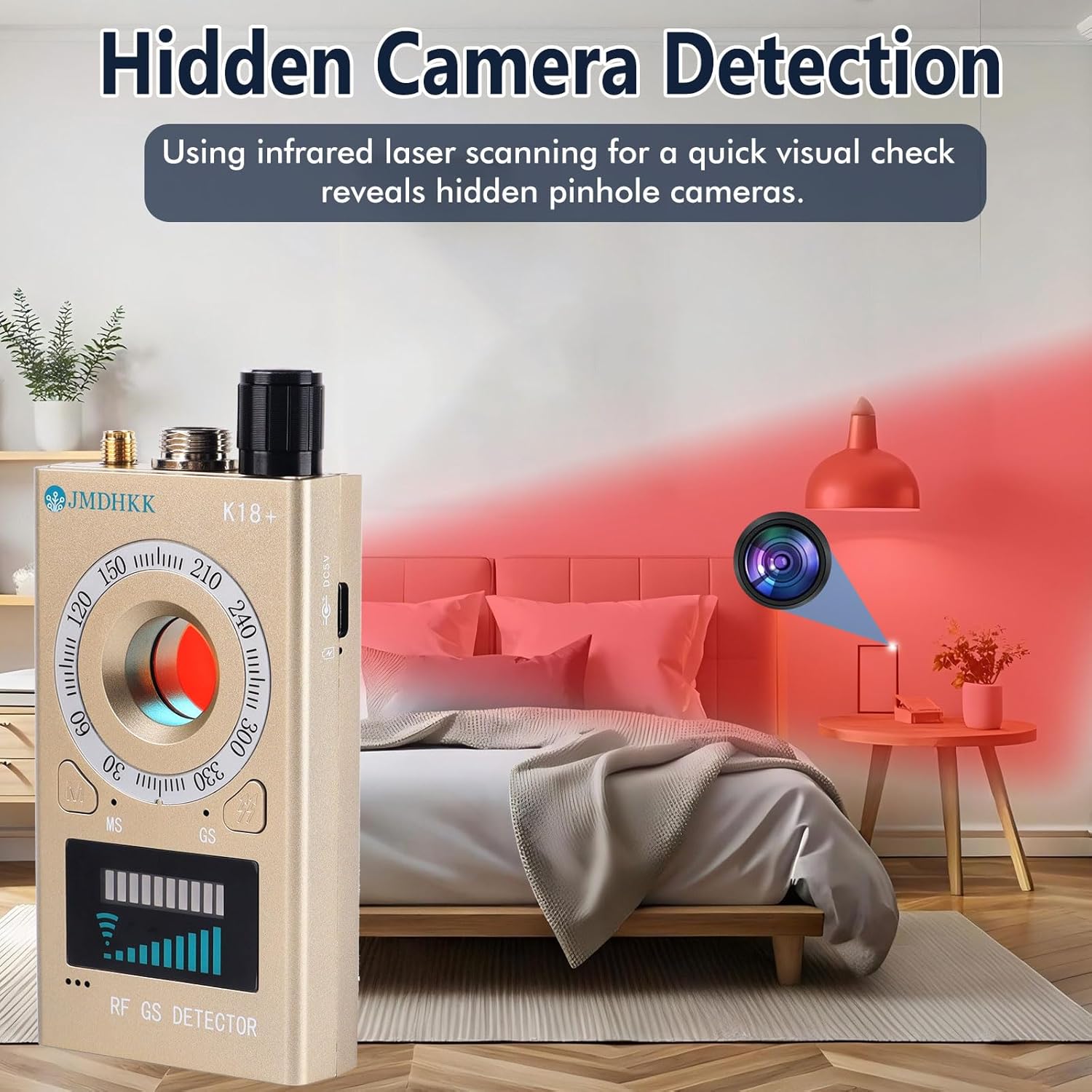 K18+ Device Illustrates How To Find Hidden Cameras In An Airbnb Bedroom Using Infrared Laser Scanning.