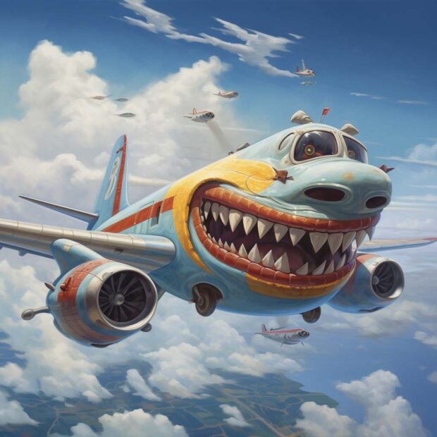 A Humorous Painting About Airplane Jokes Featuring An Airplane With A Comically Large Mouth.