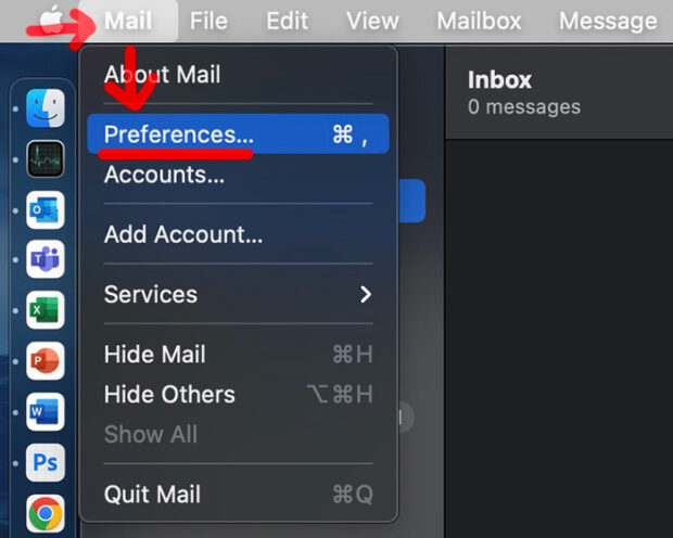 Screenshot Of How To Access The Preferences Option In The Macos Mail Application